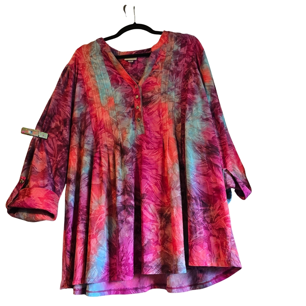 Avenue Pink and Red Flutter Sleeve Tunic